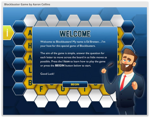 Welcome screen for Aaron Collins' Bayer Blockbusters learning game