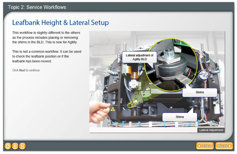 Elekta service workflow training screen explaining leafbank height and lateral setup